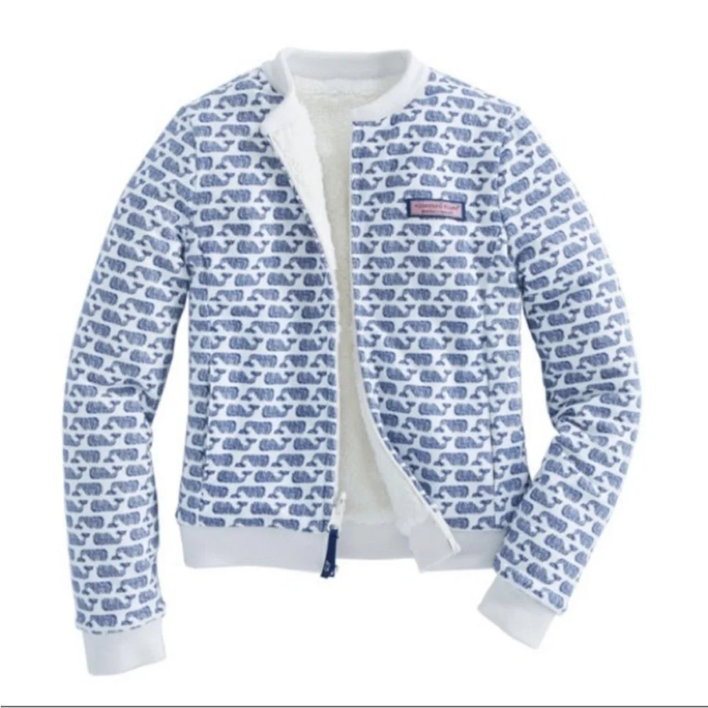 Vineyard Vines Girls Reversible Whale Print Sherpa Bomber Jacket Size M 10-12